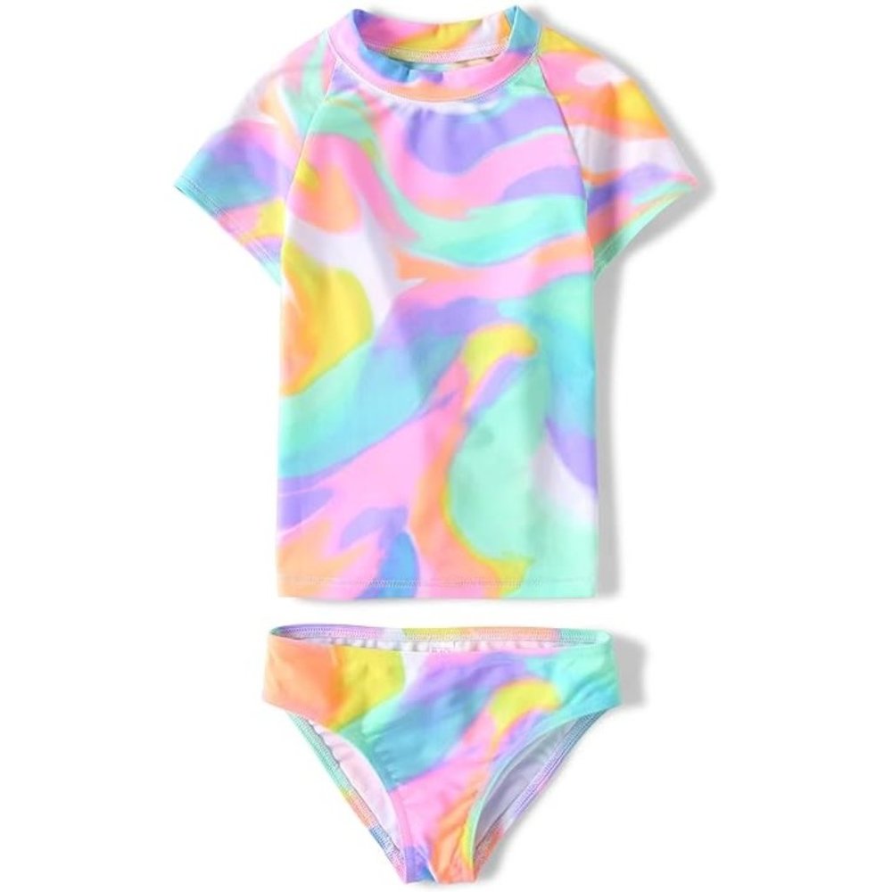 The Children's Place Girls' Short Sleeve Rashguard 2-Piece Swimsuit. F65